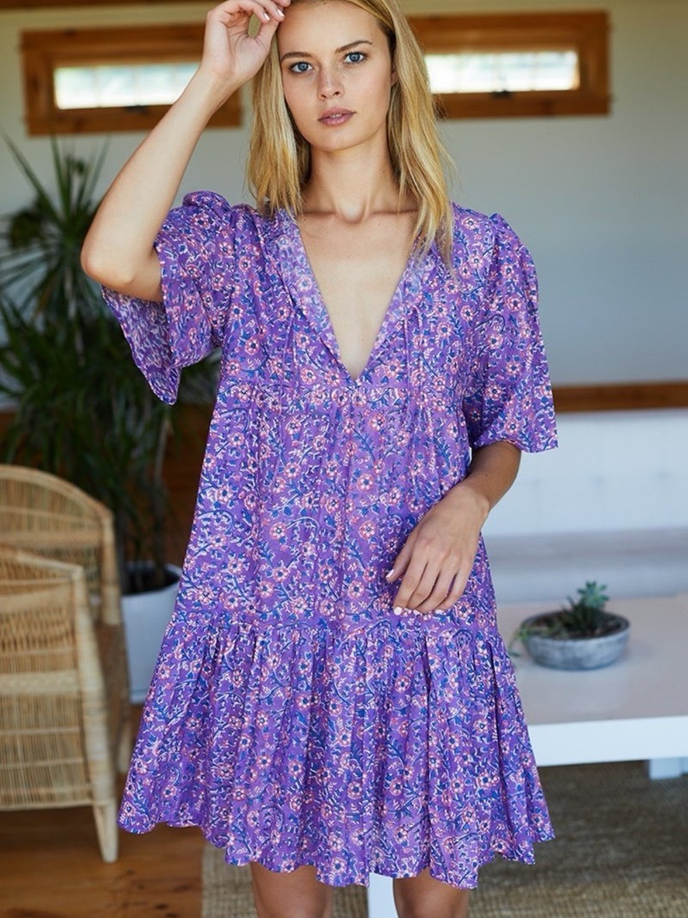Emerson Fry India Collection Isla Dress Violet Wildflower Organic Cotton
